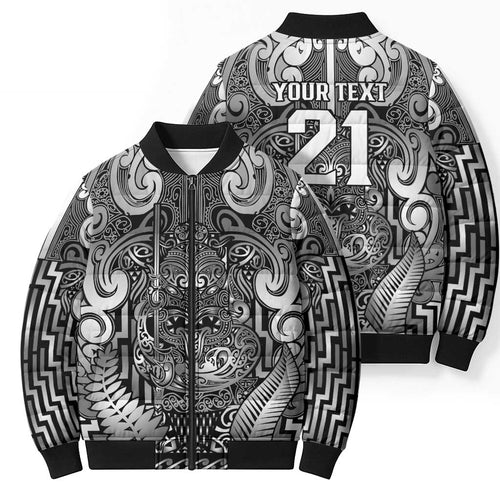 Custom New Zealand Taiaha Maori Bomber Puffer Jacket Kiwikiwi Minimalist Silver Fern Tukutuku Motif