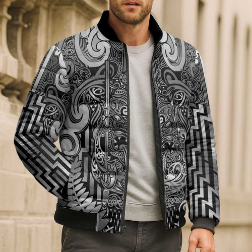 Custom New Zealand Taiaha Maori Bomber Puffer Jacket Kiwikiwi Minimalist Silver Fern Tukutuku Motif