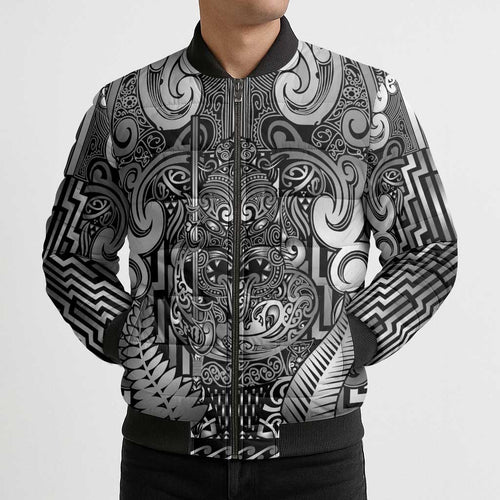Custom New Zealand Taiaha Maori Bomber Puffer Jacket Kiwikiwi Minimalist Silver Fern Tukutuku Motif
