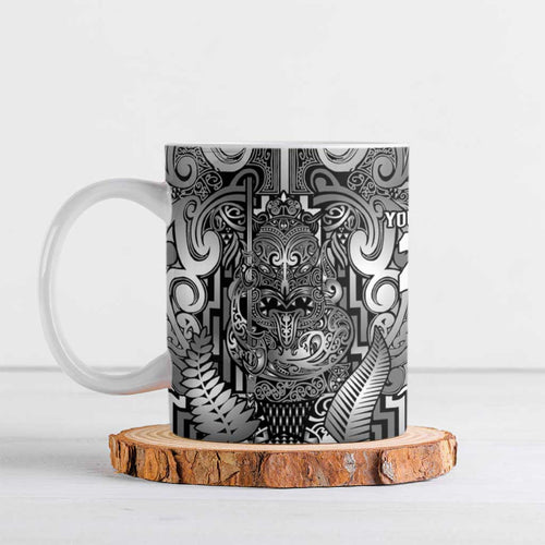 Custom New Zealand Taiaha Maori Ceramic Mug Kiwikiwi Minimalist Silver Fern Tukutuku Motif
