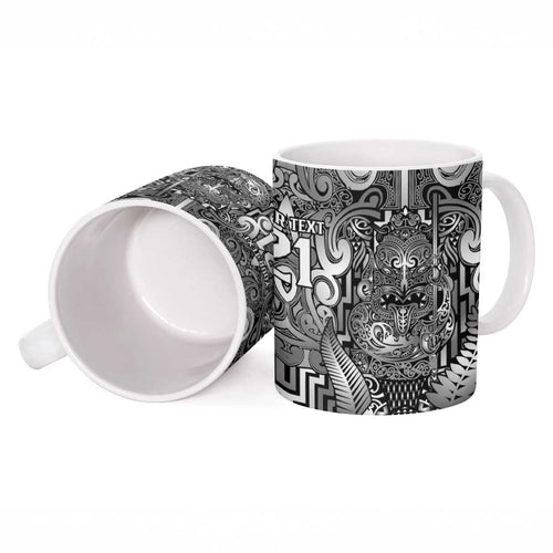 Custom New Zealand Taiaha Maori Ceramic Mug Kiwikiwi Minimalist Silver Fern Tukutuku Motif