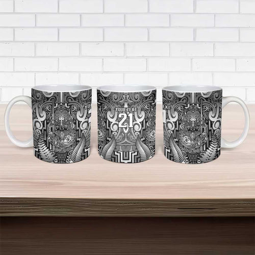 Custom New Zealand Taiaha Maori Ceramic Mug Kiwikiwi Minimalist Silver Fern Tukutuku Motif