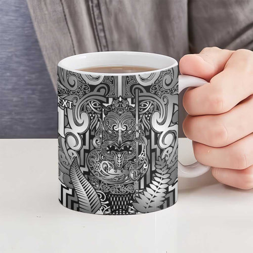 Custom New Zealand Taiaha Maori Ceramic Mug Kiwikiwi Minimalist Silver Fern Tukutuku Motif