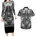 Custom New Zealand Taiaha Maori Couples Matching Long Sleeve Bodycon Dress and Hawaiian Shirt Kiwikiwi Minimalist Silver Fern Tukutuku Motif