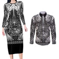 Custom New Zealand Taiaha Maori Couples Matching Long Sleeve Bodycon Dress and Long Sleeve Button Shirt Kiwikiwi Minimalist Silver Fern Tukutuku Motif