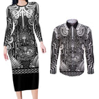 Custom New Zealand Taiaha Maori Couples Matching Long Sleeve Bodycon Dress and Long Sleeve Button Shirt Kiwikiwi Minimalist Silver Fern Tukutuku Motif