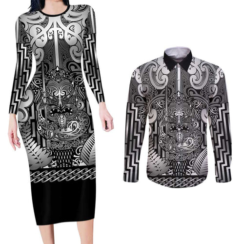 Custom New Zealand Taiaha Maori Couples Matching Long Sleeve Bodycon Dress and Long Sleeve Button Shirt Kiwikiwi Minimalist Silver Fern Tukutuku Motif
