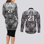 Custom New Zealand Taiaha Maori Couples Matching Long Sleeve Bodycon Dress and Long Sleeve Button Shirt Kiwikiwi Minimalist Silver Fern Tukutuku Motif