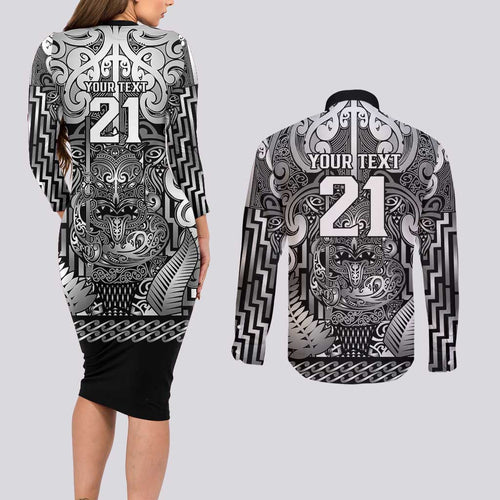 Custom New Zealand Taiaha Maori Couples Matching Long Sleeve Bodycon Dress and Long Sleeve Button Shirt Kiwikiwi Minimalist Silver Fern Tukutuku Motif