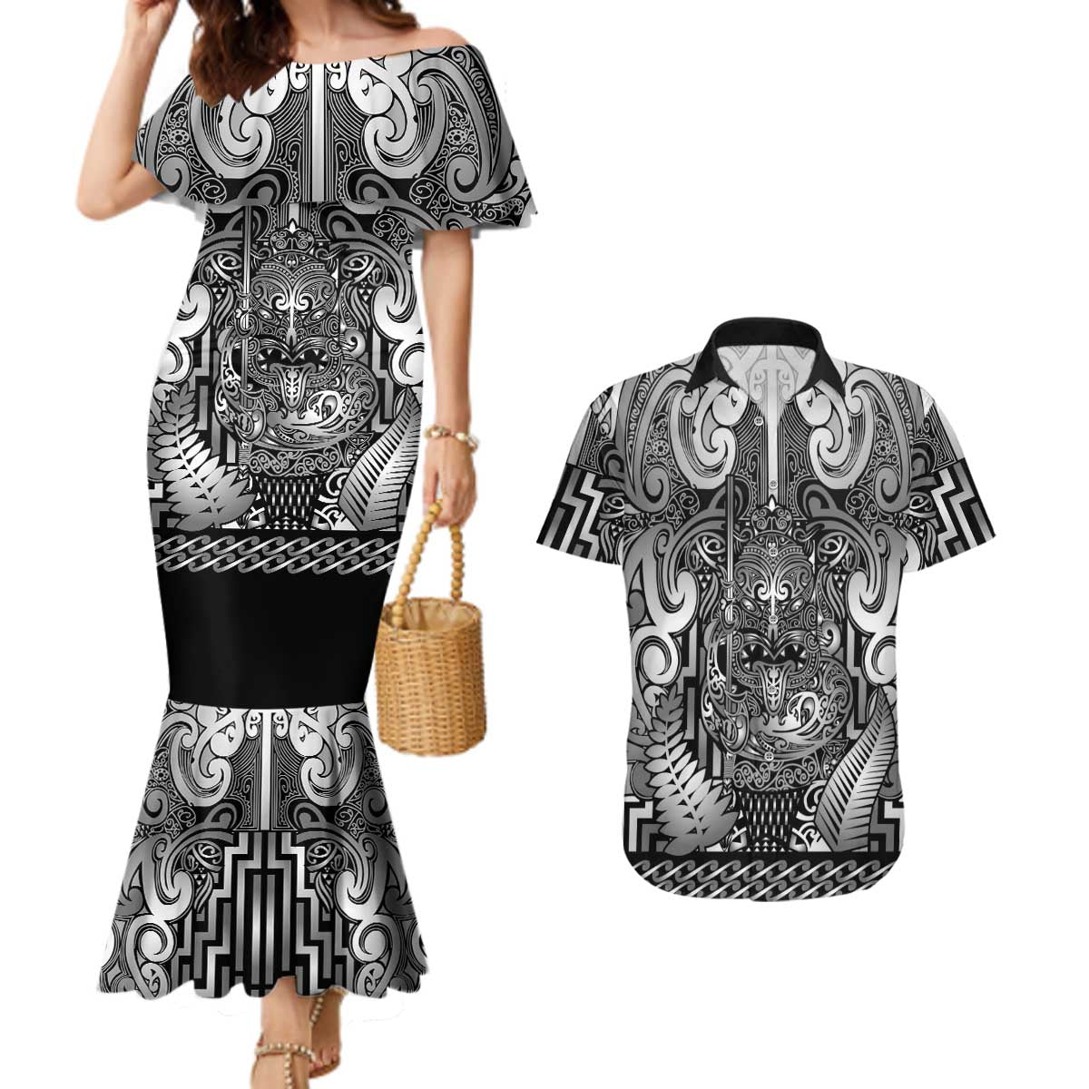 Custom New Zealand Taiaha Maori Couples Matching Mermaid Dress and Hawaiian Shirt Kiwikiwi Minimalist Silver Fern Tukutuku Motif