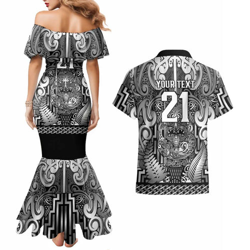 Custom New Zealand Taiaha Maori Couples Matching Mermaid Dress and Hawaiian Shirt Kiwikiwi Minimalist Silver Fern Tukutuku Motif