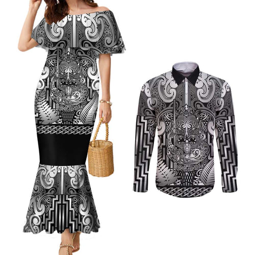 Custom New Zealand Taiaha Maori Couples Matching Mermaid Dress and Long Sleeve Button Shirt Kiwikiwi Minimalist Silver Fern Tukutuku Motif
