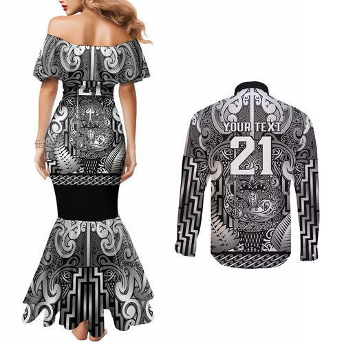 Custom New Zealand Taiaha Maori Couples Matching Mermaid Dress and Long Sleeve Button Shirt Kiwikiwi Minimalist Silver Fern Tukutuku Motif