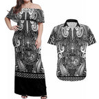 Custom New Zealand Taiaha Maori Couples Matching Off Shoulder Maxi Dress and Hawaiian Shirt Kiwikiwi Minimalist Silver Fern Tukutuku Motif