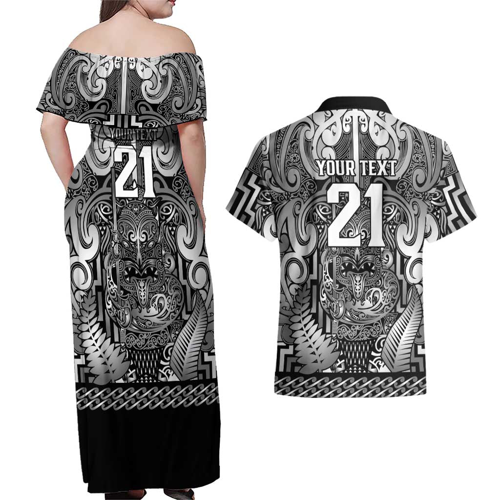 Custom New Zealand Taiaha Maori Couples Matching Off Shoulder Maxi Dress and Hawaiian Shirt Kiwikiwi Minimalist Silver Fern Tukutuku Motif