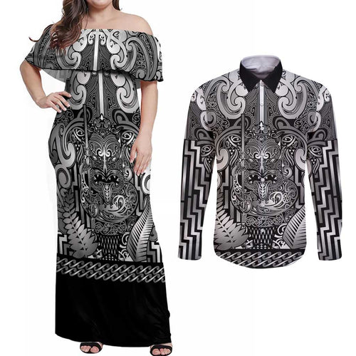 Custom New Zealand Taiaha Maori Couples Matching Off Shoulder Maxi Dress and Long Sleeve Button Shirt Kiwikiwi Minimalist Silver Fern Tukutuku Motif