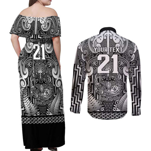 Custom New Zealand Taiaha Maori Couples Matching Off Shoulder Maxi Dress and Long Sleeve Button Shirt Kiwikiwi Minimalist Silver Fern Tukutuku Motif