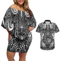 Custom New Zealand Taiaha Maori Couples Matching Off Shoulder Short Dress and Hawaiian Shirt Kiwikiwi Minimalist Silver Fern Tukutuku Motif