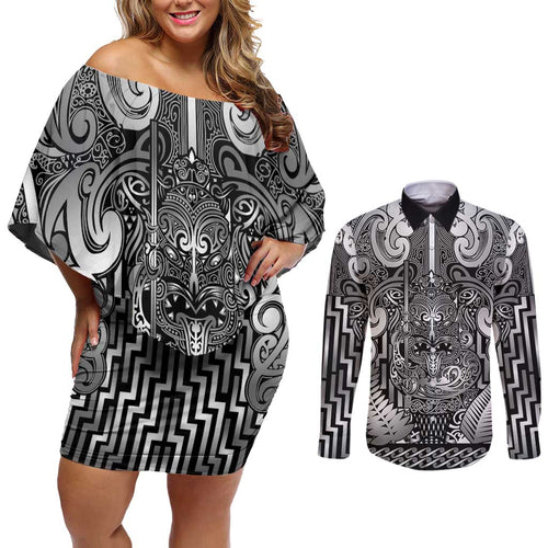 Custom New Zealand Taiaha Maori Couples Matching Off Shoulder Short Dress and Long Sleeve Button Shirt Kiwikiwi Minimalist Silver Fern Tukutuku Motif