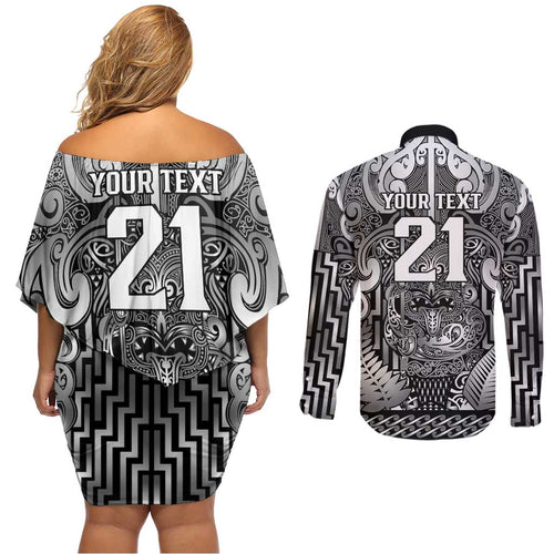 Custom New Zealand Taiaha Maori Couples Matching Off Shoulder Short Dress and Long Sleeve Button Shirt Kiwikiwi Minimalist Silver Fern Tukutuku Motif