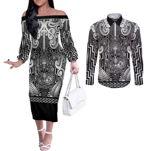 Custom New Zealand Taiaha Maori Couples Matching Off The Shoulder Long Sleeve Dress and Long Sleeve Button Shirt Kiwikiwi Minimalist Silver Fern Tukutuku Motif