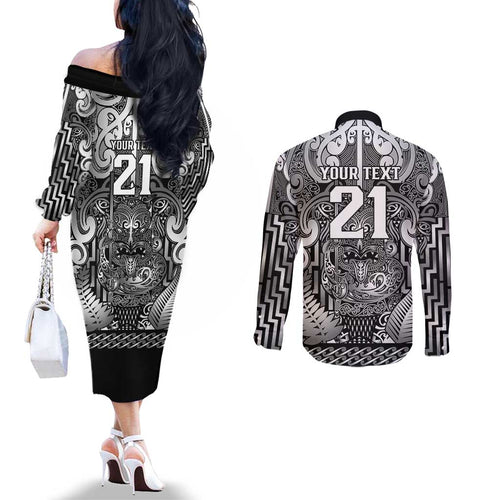 Custom New Zealand Taiaha Maori Couples Matching Off The Shoulder Long Sleeve Dress and Long Sleeve Button Shirt Kiwikiwi Minimalist Silver Fern Tukutuku Motif