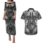 Custom New Zealand Taiaha Maori Couples Matching Puletasi and Hawaiian Shirt Kiwikiwi Minimalist Silver Fern Tukutuku Motif