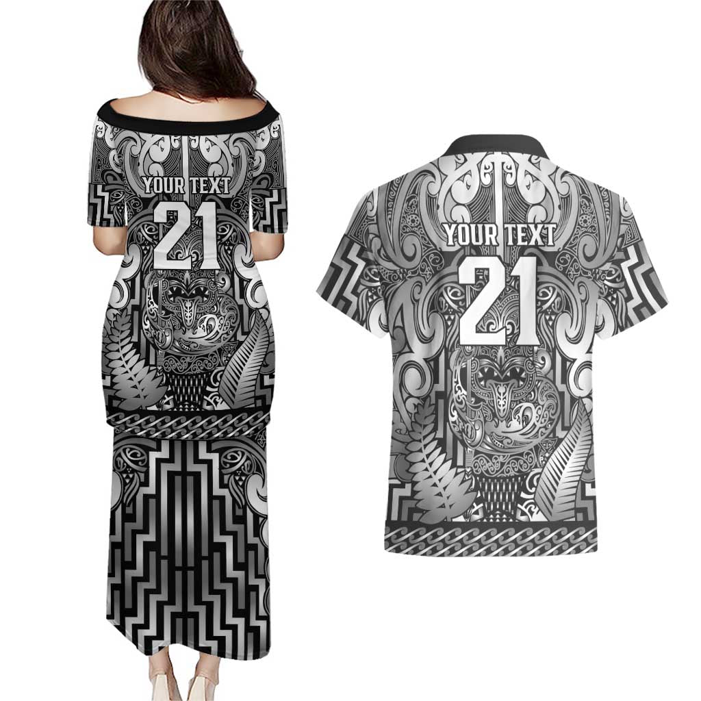 Custom New Zealand Taiaha Maori Couples Matching Puletasi and Hawaiian Shirt Kiwikiwi Minimalist Silver Fern Tukutuku Motif