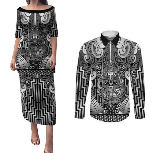 Custom New Zealand Taiaha Maori Couples Matching Puletasi and Long Sleeve Button Shirt Kiwikiwi Minimalist Silver Fern Tukutuku Motif