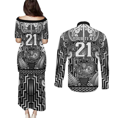 Custom New Zealand Taiaha Maori Couples Matching Puletasi and Long Sleeve Button Shirt Kiwikiwi Minimalist Silver Fern Tukutuku Motif