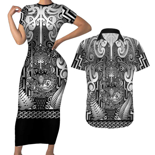 Custom New Zealand Taiaha Maori Couples Matching Short Sleeve Bodycon Dress and Hawaiian Shirt Kiwikiwi Minimalist Silver Fern Tukutuku Motif
