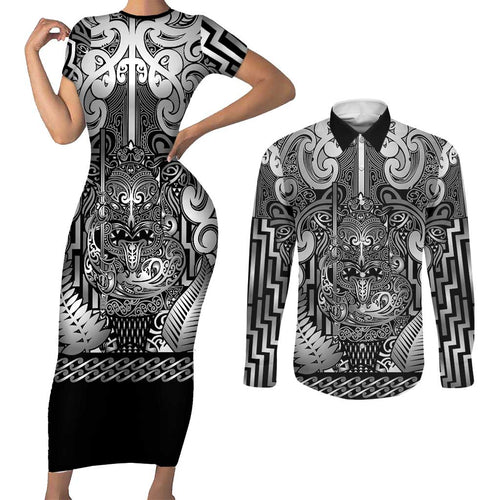 Custom New Zealand Taiaha Maori Couples Matching Short Sleeve Bodycon Dress and Long Sleeve Button Shirt Kiwikiwi Minimalist Silver Fern Tukutuku Motif