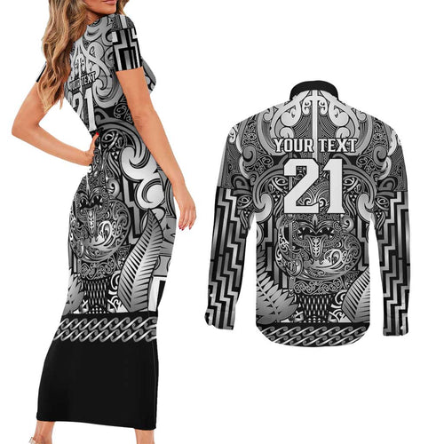 Custom New Zealand Taiaha Maori Couples Matching Short Sleeve Bodycon Dress and Long Sleeve Button Shirt Kiwikiwi Minimalist Silver Fern Tukutuku Motif