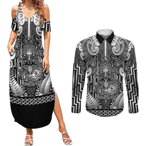 Custom New Zealand Taiaha Maori Couples Matching Summer Maxi Dress and Long Sleeve Button Shirt Kiwikiwi Minimalist Silver Fern Tukutuku Motif