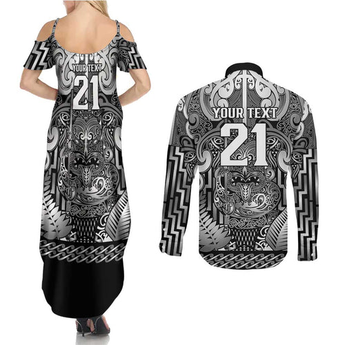 Custom New Zealand Taiaha Maori Couples Matching Summer Maxi Dress and Long Sleeve Button Shirt Kiwikiwi Minimalist Silver Fern Tukutuku Motif
