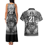 Custom New Zealand Taiaha Maori Couples Matching Tank Maxi Dress and Hawaiian Shirt Kiwikiwi Minimalist Silver Fern Tukutuku Motif