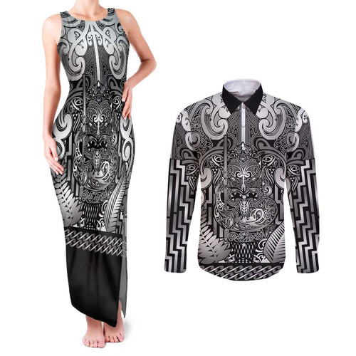Custom New Zealand Taiaha Maori Couples Matching Tank Maxi Dress and Long Sleeve Button Shirt Kiwikiwi Minimalist Silver Fern Tukutuku Motif