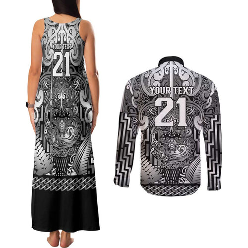 Custom New Zealand Taiaha Maori Couples Matching Tank Maxi Dress and Long Sleeve Button Shirt Kiwikiwi Minimalist Silver Fern Tukutuku Motif