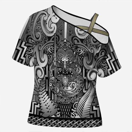 Custom New Zealand Taiaha Maori Cross Shoulder Shirt Kiwikiwi Minimalist Silver Fern Tukutuku Motif