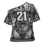 Custom New Zealand Taiaha Maori Cross Shoulder Shirt Kiwikiwi Minimalist Silver Fern Tukutuku Motif