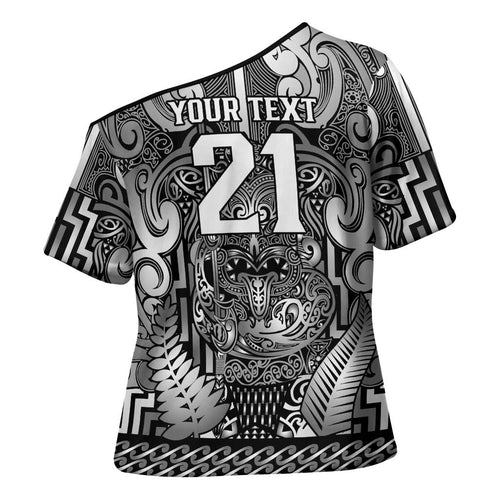 Custom New Zealand Taiaha Maori Cross Shoulder Shirt Kiwikiwi Minimalist Silver Fern Tukutuku Motif