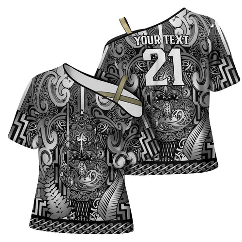 Custom New Zealand Taiaha Maori Cross Shoulder Shirt Kiwikiwi Minimalist Silver Fern Tukutuku Motif