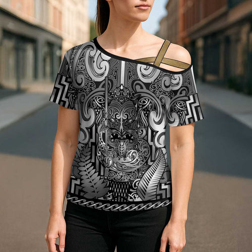Custom New Zealand Taiaha Maori Cross Shoulder Shirt Kiwikiwi Minimalist Silver Fern Tukutuku Motif
