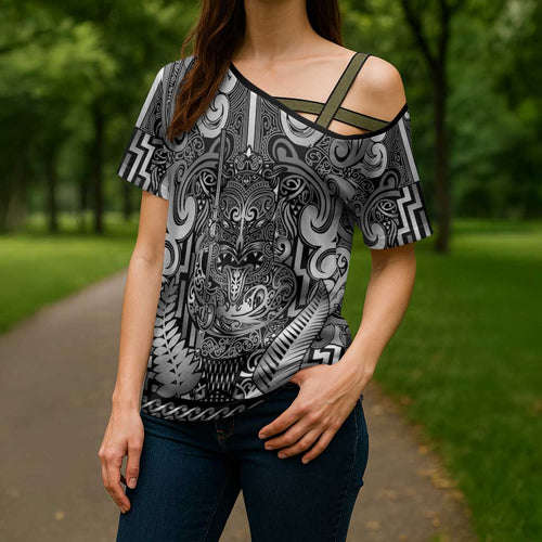 Custom New Zealand Taiaha Maori Cross Shoulder Shirt Kiwikiwi Minimalist Silver Fern Tukutuku Motif