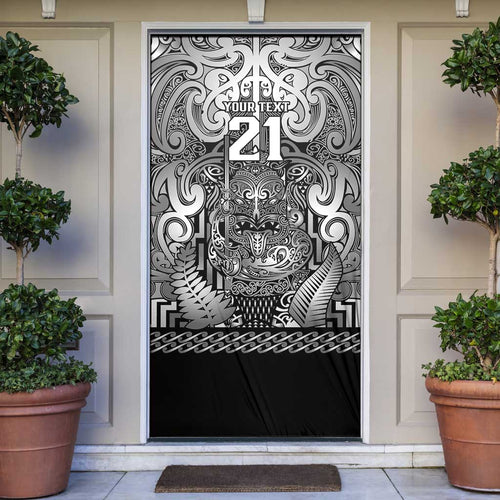 Custom New Zealand Taiaha Maori Door Cover Kiwikiwi Minimalist Silver Fern Tukutuku Motif