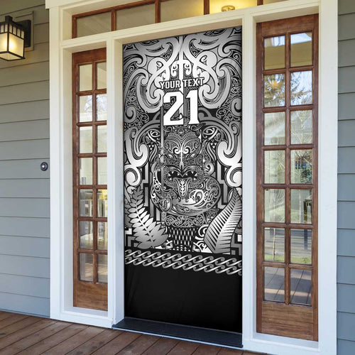 Custom New Zealand Taiaha Maori Door Cover Kiwikiwi Minimalist Silver Fern Tukutuku Motif