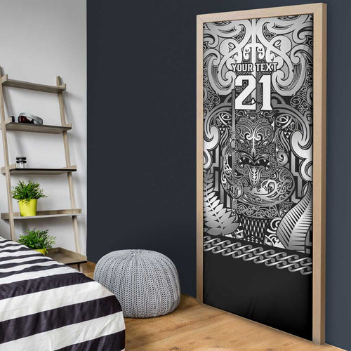 Custom New Zealand Taiaha Maori Door Cover Kiwikiwi Minimalist Silver Fern Tukutuku Motif