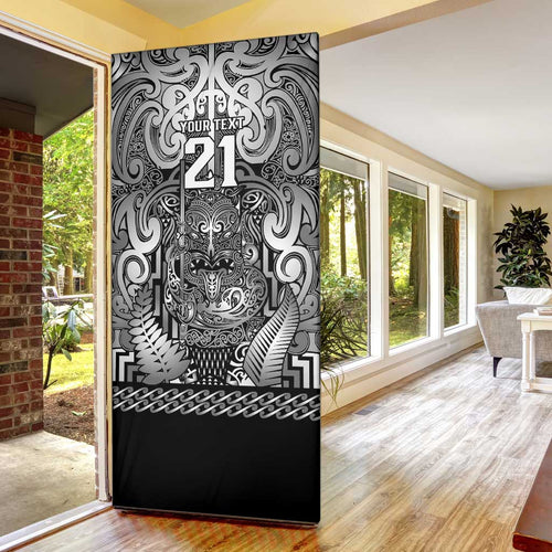 Custom New Zealand Taiaha Maori Door Cover Kiwikiwi Minimalist Silver Fern Tukutuku Motif