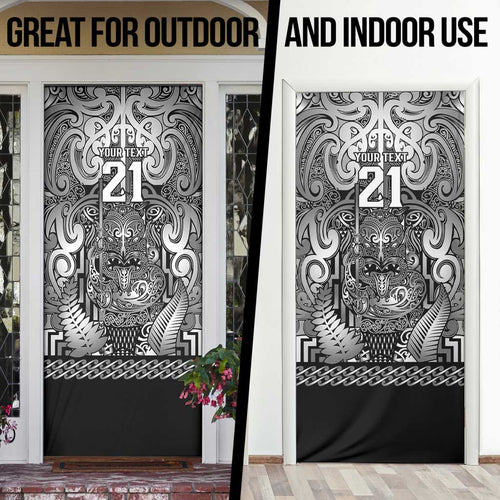 Custom New Zealand Taiaha Maori Door Cover Kiwikiwi Minimalist Silver Fern Tukutuku Motif