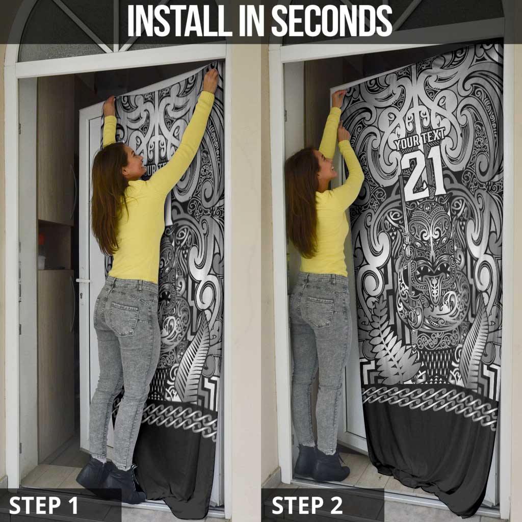 Custom New Zealand Taiaha Maori Door Cover Kiwikiwi Minimalist Silver Fern Tukutuku Motif
